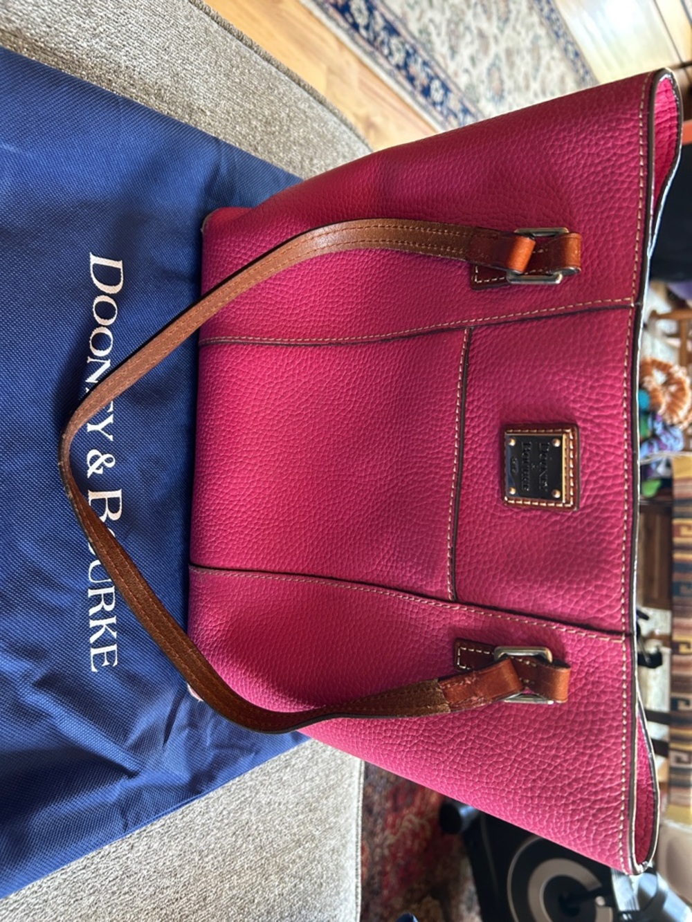 Dooney & Bourke Magenta Pebble Leather Shoulder Tote with Brown Straps